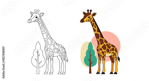 Tall cartoon giraffe standing next to a tree shown in a full color version and a black and white line art coloring page outline.