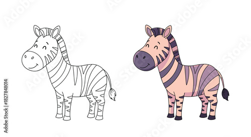Adorable cartoon zebra smiling gently shown in a full color version and a black and white outline for a children's coloring book.