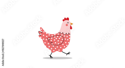 Whimsical pink and red cartoon hen with a polka dot pattern walking happily in a cute and simple flat vector illustration.