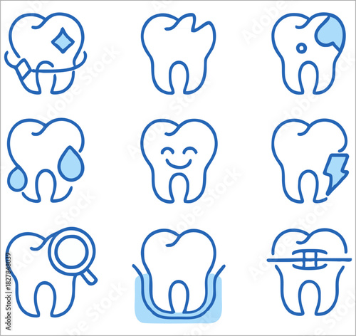 Professional vector set of dental health and medicine icons featuring tooth decay, braces, and examination.