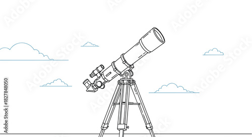 Minimalist line art drawing of a powerful astronomical telescope on a tripod pointing towards a sky with simple cartoon clouds.