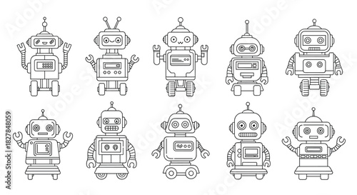 Big collection of various cute and friendly cartoon robot characters in a simple black and white line art icon vector style.