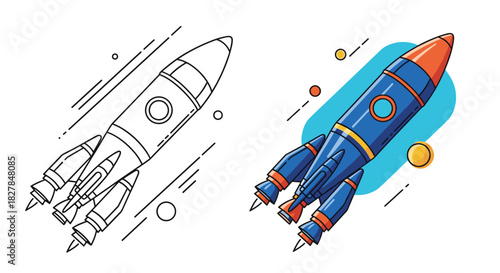 Cartoon space rocket launching into the sky shown in a full color version and a black and white outline for a coloring book.