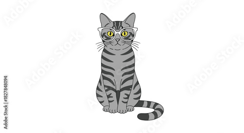 A dapper gray tabby cat wearing stylish white-framed glasses and sitting politely in a cute and funny cartoon vector drawing.