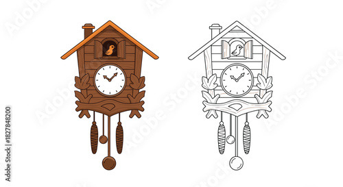 Traditional wooden cuckoo clock with pine cone weights shown in a full color version and a black and white coloring page outline.