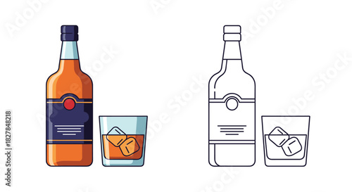 A bottle of whiskey and a glass with ice cubes on the rocks presented in both a colored flat style and a line art outline.