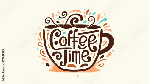 ILLUSTRATION OF COFFEE TIME IN A CLASSIC VINTAGE STYLE AND ENERGETICLY FESTIVE