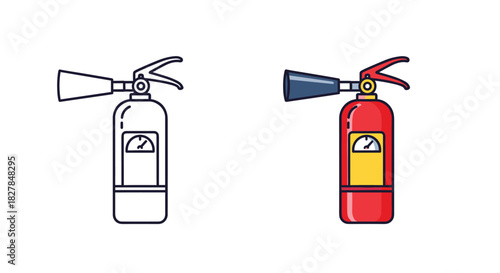 Red fire extinguisher for safety and emergency situations shown in a colored flat design style and a simple black line art outline.