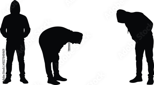 Anonymous Silhouette in Black Hooded Sweatshirt Captured in Three Distinct Poses, Standing, Bending, and Looking Down, Expressing Mystery, Secrecy, Depression, and Youthful Urban Style.