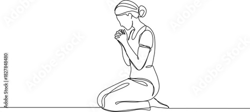 continuous line drawing of woman kneeling on ground praying, line art vector illustration