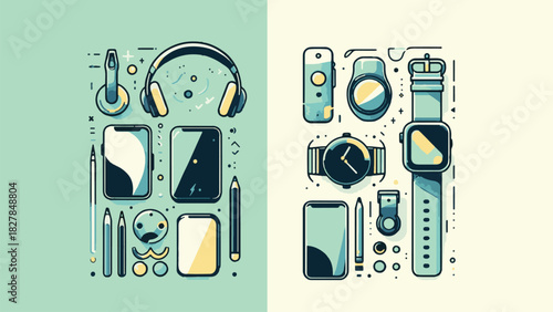 ILLUSTRATION IMAGE OF A COMPLETE GADGET EQUIPMENT SET WITH A FUTURISTIC TECHNOLOGY VIBE AND SOFT BLUE COLOR