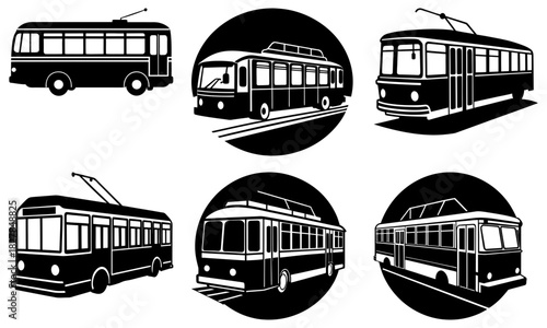 Classic trolley collection, vintage transport set conveying history, nostalgia, and urban charm for transportation designs, travel themes, and retro illustrations