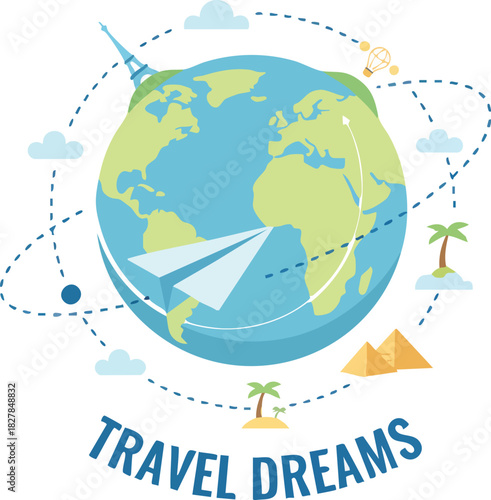 Global Travel Concept with Earth Globe and Landmark Icons for Adventure Planning