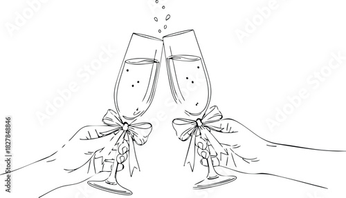 Elegant champagne celebration with hand drawn illustration of two toasting glasses with bubbles