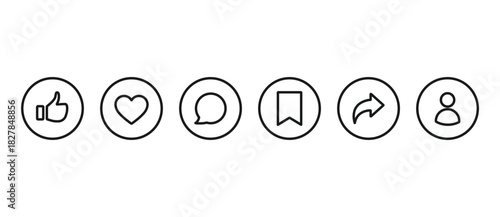 Simple collection of Thumbs Up, Like, Love, Comment, Save, Share, and Follow in line icon style. Vector illustration of notification buttons for social media in transparent background. Editable stroke