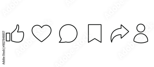 A simple  of Thumbs Up, Like, Love, Comment, Save, Share, and Follow in line icon style. Vector illustration of notification buttons for social media in transparent background. Editable stroke.