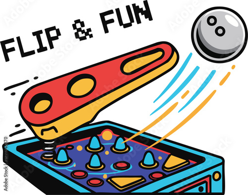 Retro Arcade Game Flipper Hitting Ball on Playfield Fun Graphic