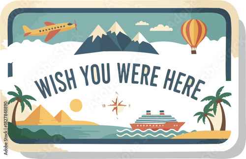 Vintage Travel Postcard Greeting with Mountain Beach and Air Adventure Scenes