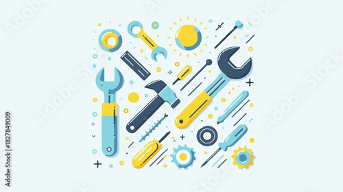 ILLUSTRATION IMAGE OF A COMPLETE SET OF WORKSHOP TOOLS WITH AN AESTHETIC AND BEAUTIFUL STYLE