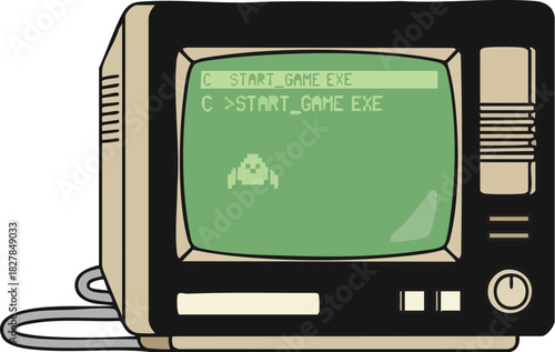 Retro Computer Loading Simple Pixelated Arcade Game on Green Monochrome Screen