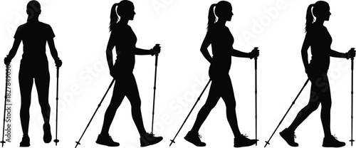 Active young woman black silhouette sequence demonstrates the technique of Nordic Walking, promoting fitness, outdoor exercise, healthy lifestyle, 