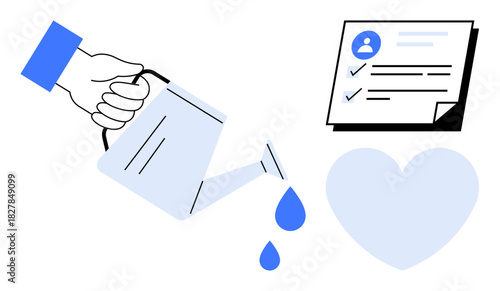 Hand pouring water from a watering can, a checklist with tasks, and a heart. Ideal for growth, care, achievement, motivation, emotional health goal setting and productivity. Simple flat metaphor