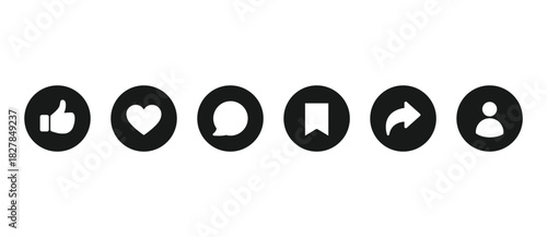 Flat icon collection of Thumbs Up, Like, Love, Comment, Save, Share, and Follow. Vector illustration of notification buttons for social media in transparent background.