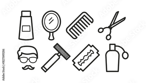 Barber Shop Tools and Men's Grooming Line Icons Set: Hair Care, Shaving, and Styling Accessories - Comb, Razor, Scissors, Mirror, Lotion, Aftershave, and Mustache