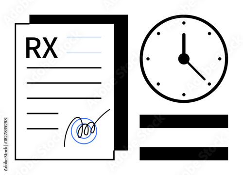 Medical prescription paper with a signature and a clock indicating urgency or scheduled tasks. Ideal for healthcare, pharmacy, deadlines, time management, appointments, efficiency, simple flat