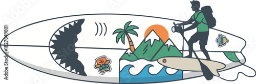 Stand Up Paddle Board Graphic with Tropical Adventure and Shark Motif