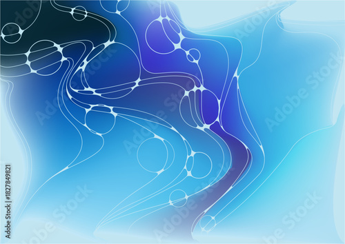 Abstract blue mesh gradient background. Blue gradient with bubbles, feeling of lightness, airiness. Cloudless sky, flow, round elements, gradient, lines, bubbles