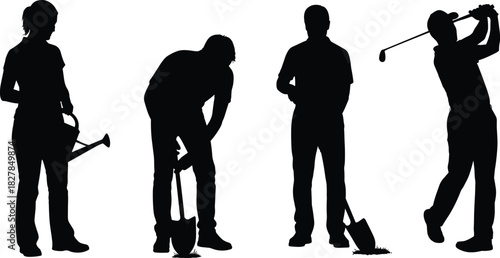 Black Silhouette Vector Illustrations Set: Gardening, Working Outdoors, Digging Soil with Shovels, and Professional Golf Swing Activity in Different Human Poses on White Background.