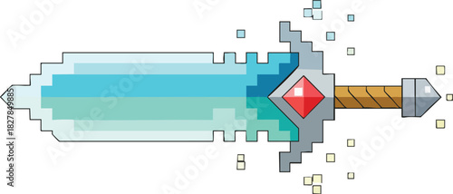 Pixel Art Ice Crystal Sword with Red Gem for Fantasy Games
