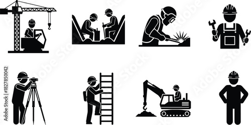 Construction Industry Worker Silhouette Icon Set: Builder Safety Gear, Engineering Surveying, Heavy Equipment Operator, Welding, Laborer Climbing Ladder,
