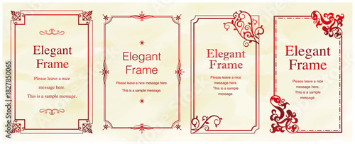 高級感のあるエレガンスなフレームセット、飾り罫、装飾デザイン、上品なあしらい、レッド