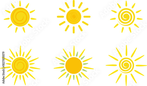 Collection of six stylized yellow sun illustrations
