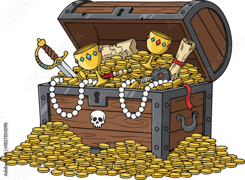 Open Wooden Treasure Chest Overflowing with Gold Coins and Jewels