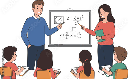 Cartoon classroom math lesson, teachers explaining equations and diagrams on whiteboard with students studying at desks, education teamwork illustration design