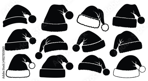 Black silhouette Christmas Santa hats with fluffy trim are presented as a collection in a flat 2D vector illustration set against a clean white background, perfect for holiday decoration.