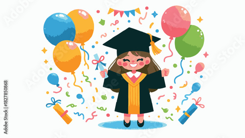 Cheerful Female Graduate Celebrating Graduation with Diploma, Balloons, and Confetti