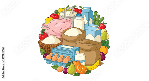A colorful circular display of essential food items, showcasing fresh produce, dairy, raw chicken, eggs, and grain products, ideal for a balanced diet and household pantry.