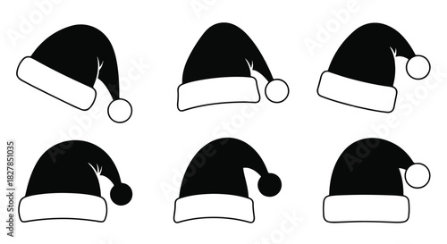 Cute simple black Santa hat silhouettes presented in a flat 2D vector collection, featuring various festive Christmas winter headwear shapes isolated on a clean white background.