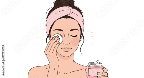 A young woman engaged in her beauty ritual, applying a facial product with a cotton pad, demonstrating self-care for healthy and glowing skin.