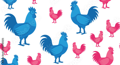 A vibrant and playful seamless pattern features an assortment of stylized blue roosters and pink hens, creating a dynamic and cheerful background.