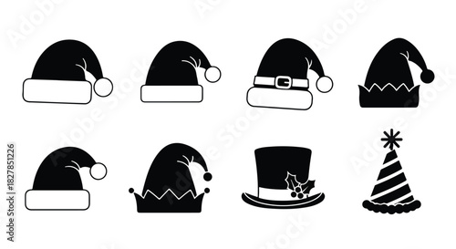 Minimal black festive hat silhouettes, including Santa caps and party headwear, are isolated in a clean 2D flat Christmas vector illustration presented on a simple, bright white background.