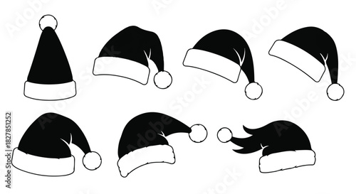 Minimalist black Santa hat silhouettes create a stylish, flat 2D vector illustration set, perfect for modern winter holiday iconography and clean festive greetings on a simple white background.