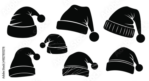 Modern black Santa Claus hat collection, featuring various stylish shapes and sizes rendered as minimalist 2D flat silhouette vector graphics on a clean white background.