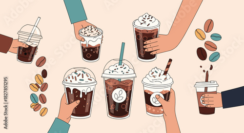 A vibrant and diverse collection of hands holding various iced coffee beverages with whipped cream, sprinkles, and floating coffee beans on a light background, illustrating a love for coffee.