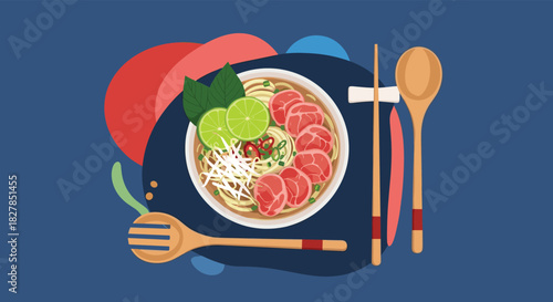 Vibrant flat-design illustration of a delicious bowl of traditional Vietnamese pho beef noodle soup, garnished with fresh lime, herbs, and chili, served with wooden utensils.