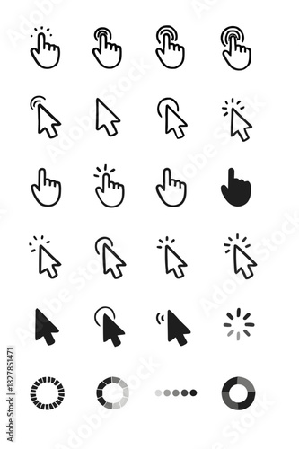 Collection of diverse cursor icons, representing clicks, loading indicators, and pointer designs for digital interfaces and web applications